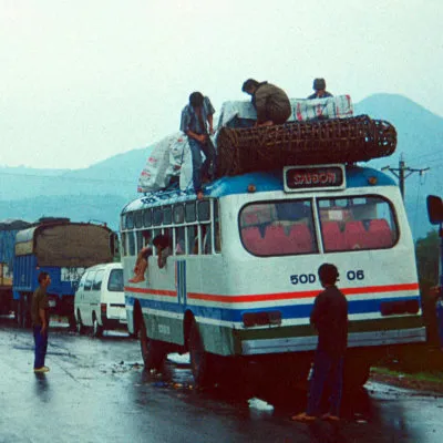 Traffic stranded by floods, Nha Trang to Hoi An road. We were stranded for two days. My bus is in the foreground.